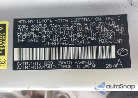 2012 Lexus Ct 200H Premium from USA, damaged, VIN JTHKD5BH2C2108138